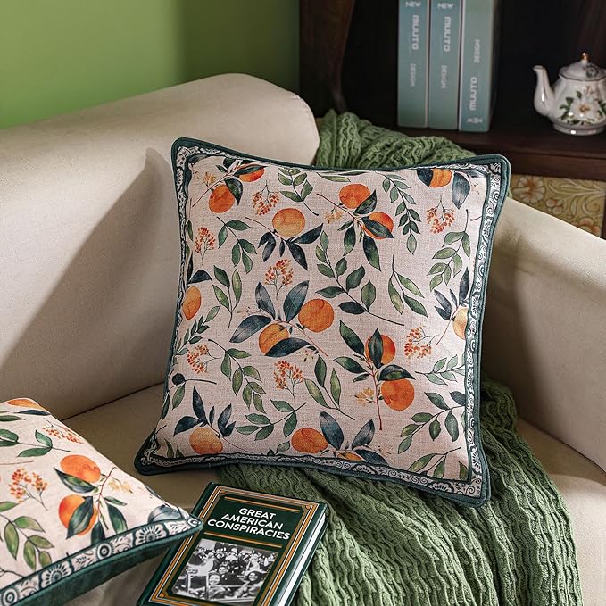 patdrea Designer Throw Pillow Covers Set of 2,Square Green Vintage Rustic Linen with Oranges Harvest Pattern Pillow Cover,Decorative Pillowcases Cushion for Bed Living Room Outdoor Car,18"x18"