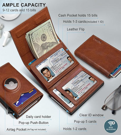 Airtag Wallet for Men,with Cash Pocket 2 ID Window 9-12 Cards,Metal Case Smart Slim Pop Up Credit Card Holder Flip with Magnetic Closure RFID Blocking Trifold wallet with Gift Box