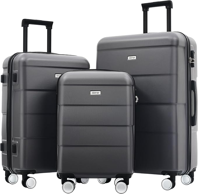 Merax Luggage Sets of 3 Piece Carry on Suitcase Airline Approved,Hardcase Suitcase Set with Double Spinner Wheels,Charcoal