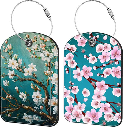Blossoming Almond Tree Luggage Tag for Suitcase Set of 2 PU Leather Cute Luggage Tags with Stainless Metal Loop ID Label Privacy Flap Suitcase Tags for Women and Men Travel