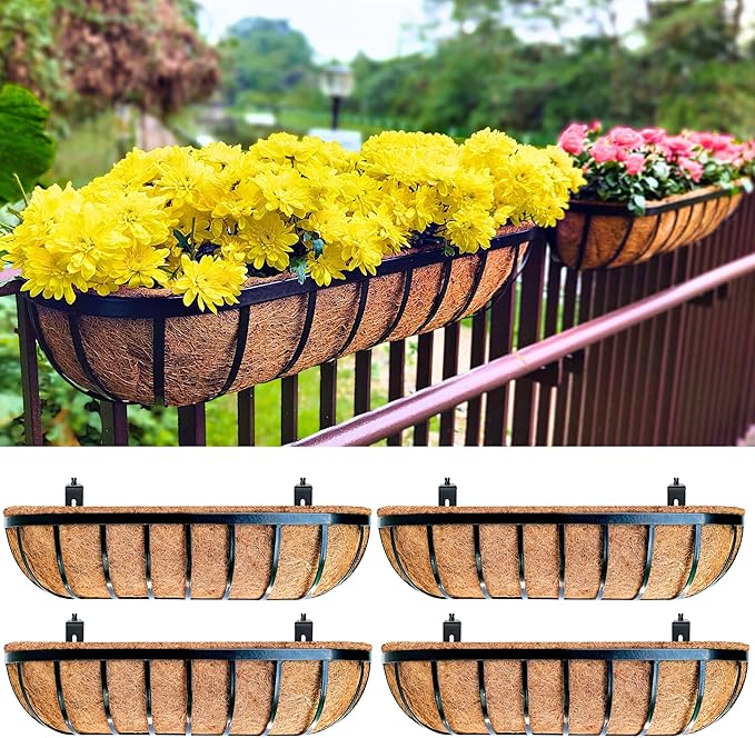 LaLaGreen Railing Planter Boxes Black Metal Rectangular Flower Boxes