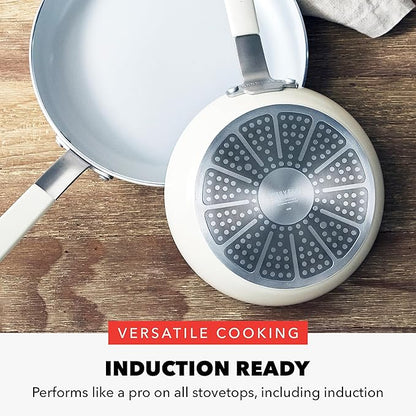 GreenPan x Bobby Flay 13 Piece Nonstick Cookware Pots and Pans Set, PFAS-Free Diamond Ceramic, Induction Suitable, Easy Clean Dishwasher & Oven Safe, Stay-Cool Silicone Handles, Glass Lids, Cream