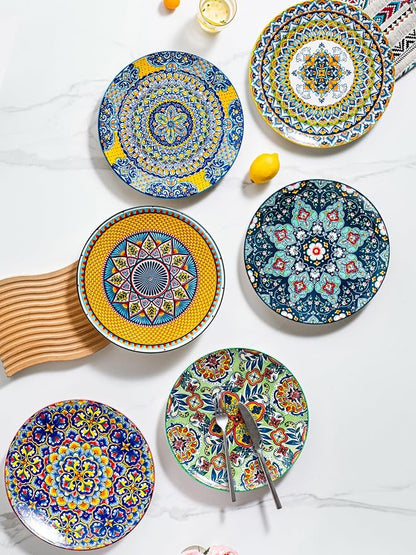 HENXFEN LEAD Boho Ceramic Dinner Plates Set of 6, 10.5 Inch | Assorted Patterns