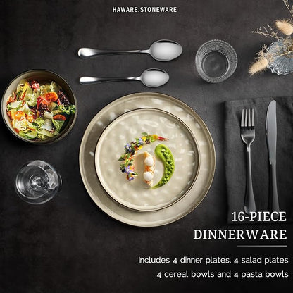 HaWare Dinnerware Sets, 16-Piece Plates and Bowls Set, Stoneware Dish Set