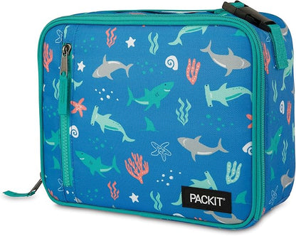 PackIt Freezable Classic Lunch Box, Sea Shark, Built with ECOFREEZE Technology, Collapsible, Reusable, Zip Closure With Zip Front Pocket and Buckle Handle, Designed for Fresh Lunch On the Go