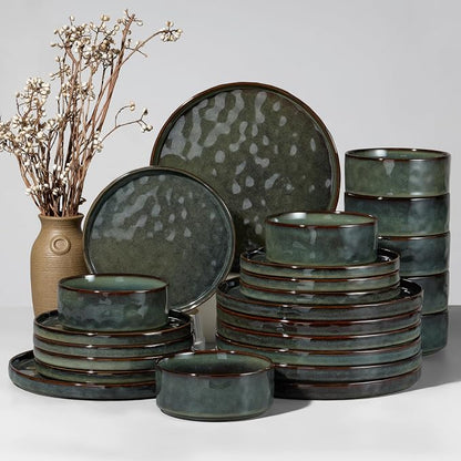 HaWare 24-Piece Dinnerware Set for 8, Reactive Moss Green | Stoneware, Ripple