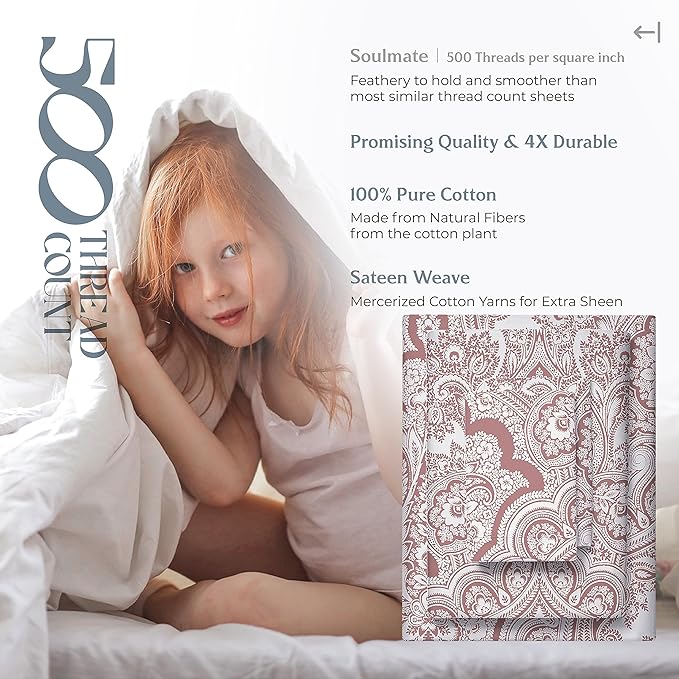 Mayfair Linen 100% Cotton Printed Bed Sheets Twin XL Set - 500 Thread Count Cotton Twin XL Sheets Only, 3 PC Set (Paisley Print), Soft, Cooling, Sateen Weave 16" Deep Pocket Dorm Room Bedsheet