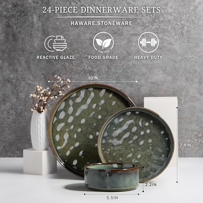 HaWare 24-Piece Dinnerware Set for 8, Reactive Moss Green | Stoneware, Ripple