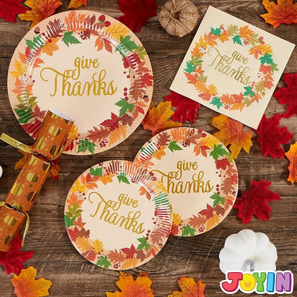 JOYIN 100Pcs Thanksgiving Paper Plates and Napkins Disposable Dinnerware Set for 25 Guests Give Thanks Theme Party Supplies Happy Thanksgiving Autumn Tableware Set