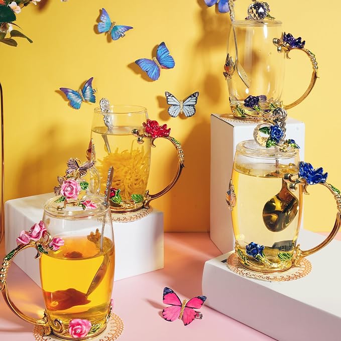 Nuanchu 4 Sets Flower Glass Tea Cups