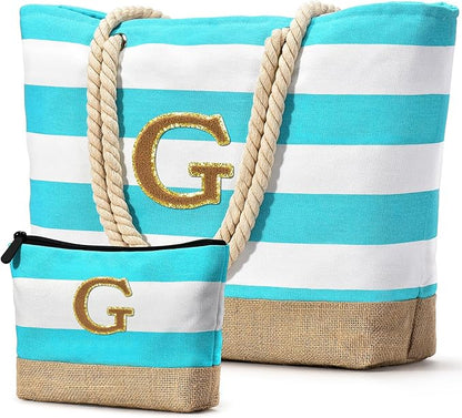 Becokan Beach Bag Initial Beach Tote with Makeup Bag for Travel Work Storage Personalized Birthday Gifts for Women Her