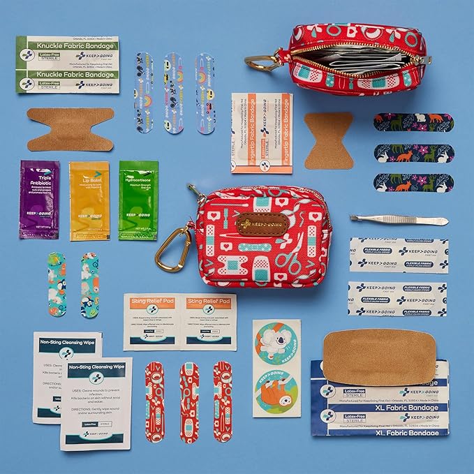 KeepGoing Small Travel First Aid Kit Kids – 60 Pc. Mini First Aid Kit for Purse, Diaper Bag, & Backpack with Latex-Free Bandages – 4 Oz., & 4.5 x 3.5 x 2 in, TSA-Approved