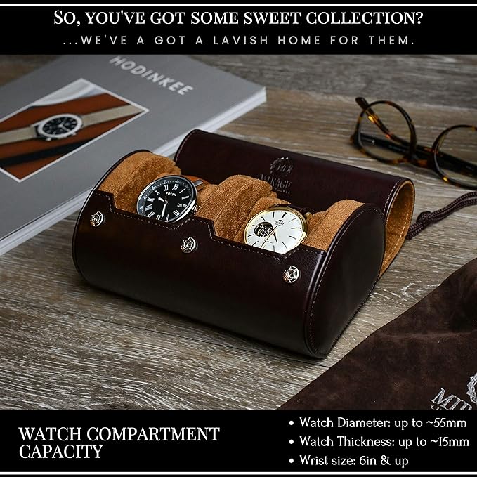 2 Watch Travel Case for Men Vegan Leather Watch Roll Case Organizer and Display - Elegant Gift - Espresso Brown Vegan Leather