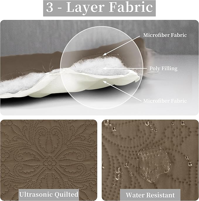 Easy-Going King Size Reversible Quilt Set with 1 Quilt and 2 Pillow Shams, Soft Bed Quilt Cover, Water Resistant Lightweight Microfiber Bedspread, Stain Resistant, Damask-Camel/Ivory