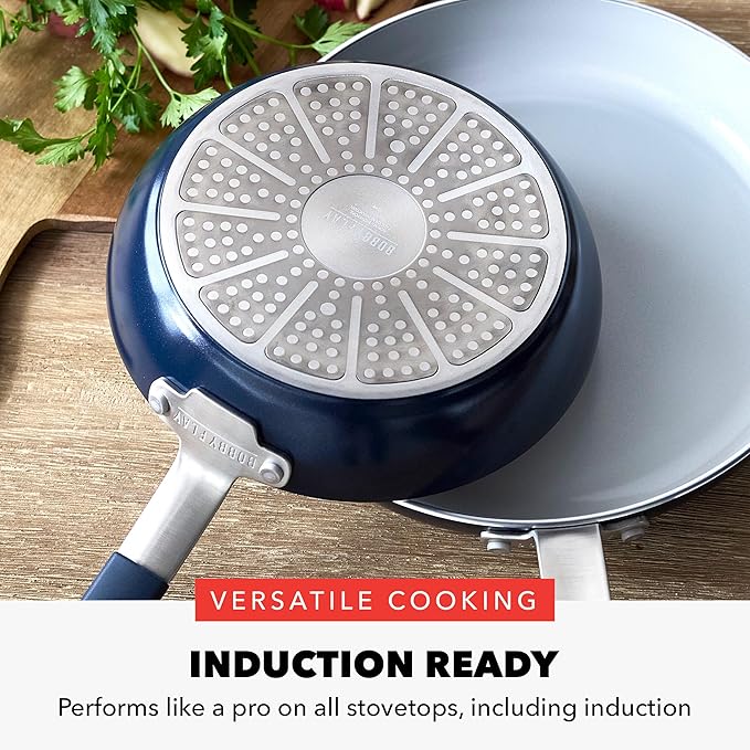 GreenPan x Bobby Flay 13 Piece Nonstick Cookware Pots and Pans Set, PFAS-Free Diamond Ceramic, Induction Suitable, Easy Clean Dishwasher & Oven Safe, Stay-Cool Silicone Handles, Glass Lids, Navy Blue