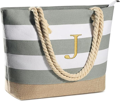 YOOLIFE Initial Canvas Waterproof Beach Tote Bag Zipper Personalized Gifts for Women Her Birthday Travel Beach Essential