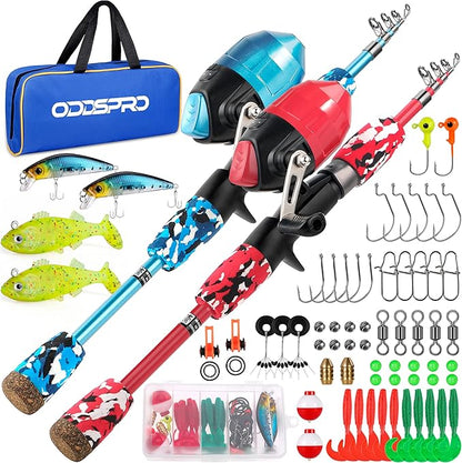 ODDSPRO Kids Fishing Pole Pink, Portable Telescopic Fishing Rod and Reel Combo Kit - with Spincast Fishing Reel Tackle Box for Girls, Youth