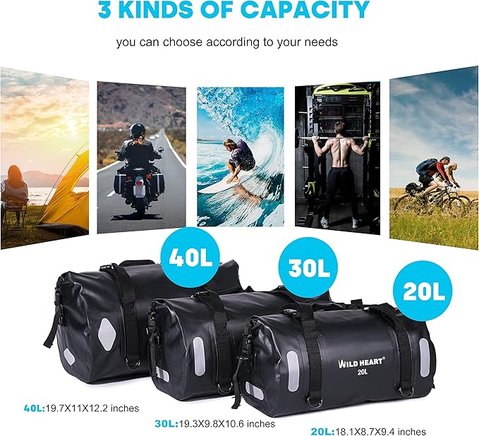 WILD HEART Waterproof Bag Duffel Bag 20L 30L 40L with Welded Seams Shoulder Straps, Mesh Pocket for Kayaking, Camping, Boating,Bicycle,Motorcycle
