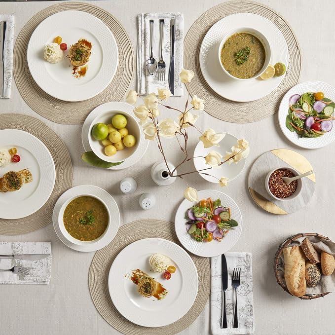 Tabletops Gallery Embossed Bone White Porcelain Round Dinnerware Collection-
