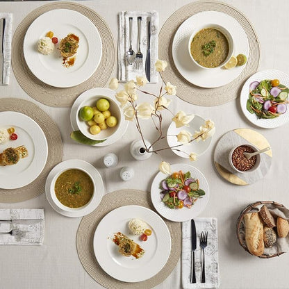 Tabletops Gallery Embossed Bone White Porcelain Round Dinnerware Collection-
