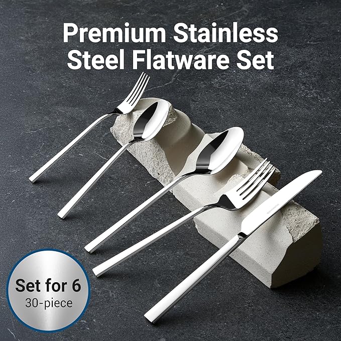 Essen Flatware Set for 6, 30-Piece Silverware Set, Premium 18/10 Stainless Steel Utensils with Mirror Finish, Modern Silverware for Daily Use, Hosting, or Housewarming Gifts