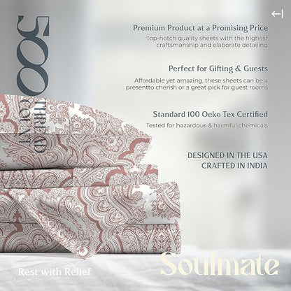 Mayfair Linen 100% Cotton Printed Bed Sheets Twin XL Set - 500 Thread Count Cotton Twin XL Sheets Only, 3 PC Set (Paisley Print), Soft, Cooling, Sateen Weave 16" Deep Pocket Dorm Room Bedsheet
