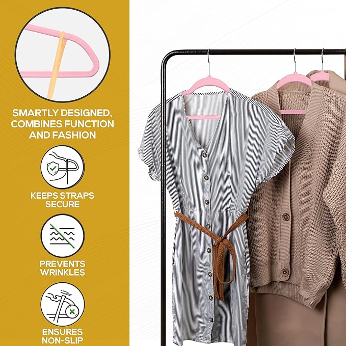 Premium Velvet Hangers 50 Pack Ultra Thin Non Slip Adult Felt Space Saving Suit Hanger for Closet Heavy Duty Coat Pants Jackets Dress Hangers 360° Swivel Hook Hold Upto 10 lbs Pink