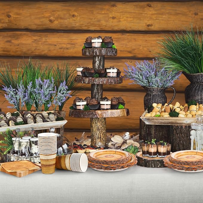 Kochorie 96 Pieces Camping Wood Grain Slice Tableware Set Rustic Wood Party