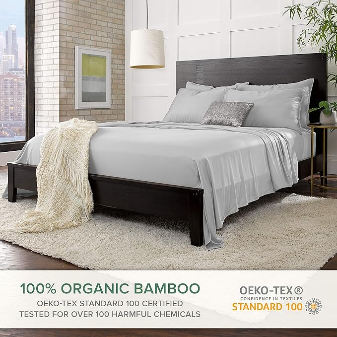 Pure Bamboo Short Queen Sheets for RV Camper (60"x75") - Genuine 100% Organic Viscose Derived from Bamboo Bed Sheet Set, Soft & Cooling, 2 Year Quality Promise (Short Queen, Silver Pearl)