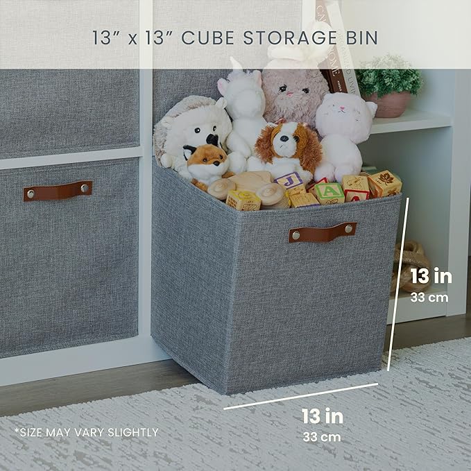 OrganiHaus 13x13 Cube Fabric Storage Bins Set of 4, Fabric Storage Cubes w/ Vegan Handles, 13 inch Collapsible Bins for Clothes & Toy Organizer, Cubbies Organizer, 13x13 Basket for Decor - Grey
