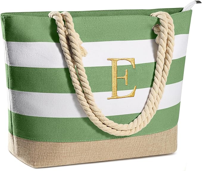 YOOLIFE Initial Canvas Waterproof Beach Tote Bag Zipper Personalized Gifts for Women Her Birthday Travel Beach Essential