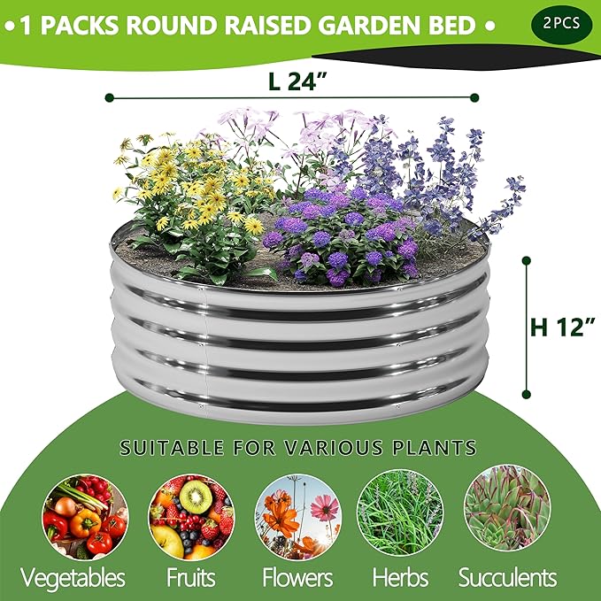 2PCS 2x2x1FT Galvanized Raised Garden Bed Kit, Vegetable Boxes-Round Metal