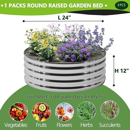 2PCS 2x2x1FT Galvanized Raised Garden Bed Kit, Vegetable Boxes-Round Metal