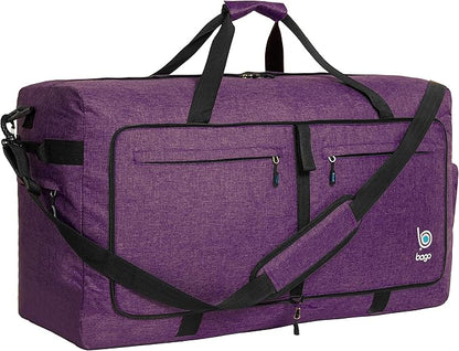 Bago Big XXL Foldable Duffel Bags for Traveling Women & Men - 140L Packable Duffle Bag for Travel with Shoe Compartment - Water Repellant, Heavy Duty, Lightweight Folding & Collapsible (SnowDepPurple)