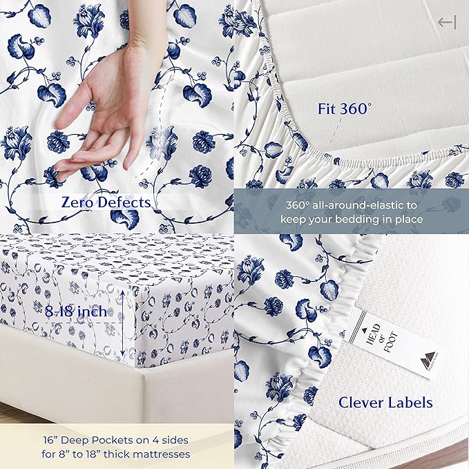 Mayfair Linen 100% Cotton Printed Bed Sheets Twin Size Set - 500 Thread Count Cotton Twin XL Sheets for Dorm Room, 3 PC Set (Floral Blue Print), Soft, Cooling, Sateen Weave 16" Deep Pocket Bedsheet
