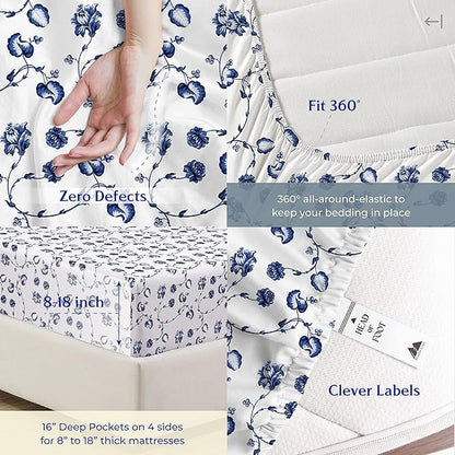 Mayfair Linen 100% Cotton Printed Bed Sheets Twin Size Set - 500 Thread Count Cotton Twin XL Sheets for Dorm Room, 3 PC Set (Floral Blue Print), Soft, Cooling, Sateen Weave 16" Deep Pocket Bedsheet