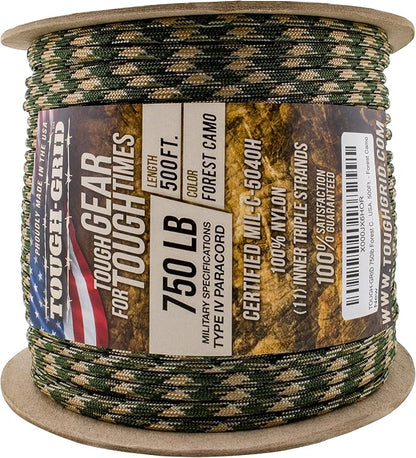 TOUGH-GRID 750 Paracord Rope Nylon Parachute Cord, Made in USA Survival Kit, Outdoor Adventures, Camping, Tactical Gear & Emergency Supplies, Military Type IV Mil-Spec