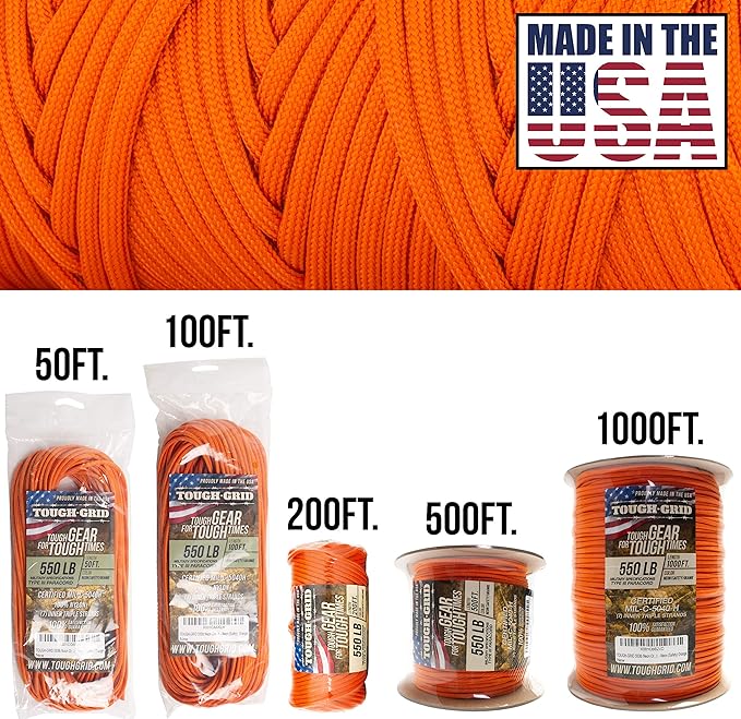 TOUGH-GRID 550 Paracord Rope Nylon Parachute Cord, Made in USA Survival Kit, Outdoor Adventures, Camping, Tactical Gear & Emergency Supplies, Military Type III Mil-Spec