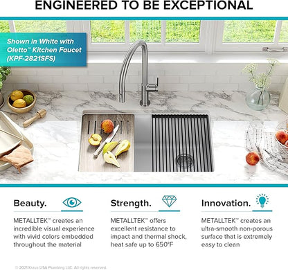 KRAUS Bellucci 32” in. Undermount Workstation Granite Kitchen Sink in Metallic Black with Accessories, KGUW2-33MBL