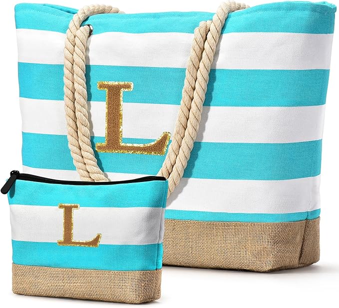 Becokan Beach Bag Initial Beach Tote with Makeup Bag for Travel Work Storage Personalized Birthday Gifts for Women Her