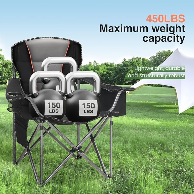 HIGH POINT SPORTS Oversized Camping Folding Chair, Heavy Duty Portable Lawn Chairs, Folding Chairs for Outside with Cup Holder and Cooler Bag for Camp, Travel, Support 450 LBS, 2 Pack, Black