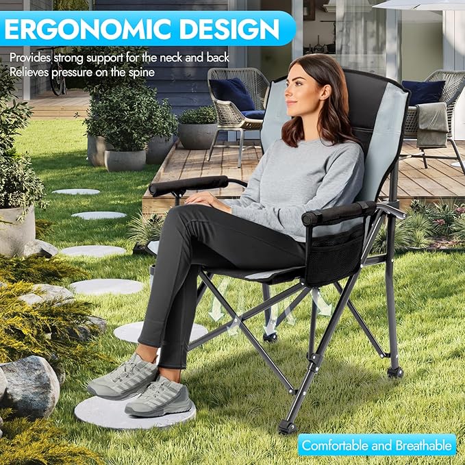 Oversized Folding Camping Chair for Adults, Supports 450 LBS Camping Chairs, Heavy Duty Camping Chair with Side Pockets, Foldable Outdoor Chair for Camping, Beach, Fishing, Hiking, Black-Gray