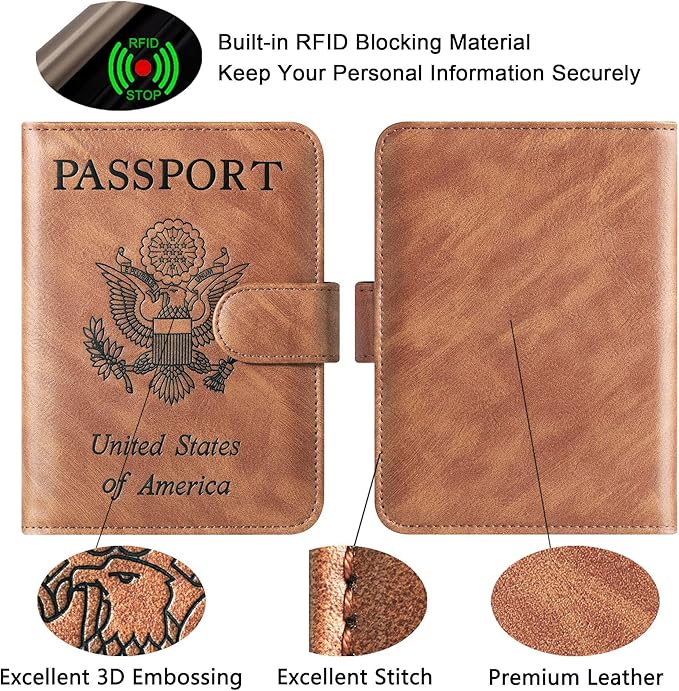 Passport Holder Cover Wallet Travel Essentials Leather Rfid Blocking Case Vacation Luggage Must Haves Travel Accessories for Men Women (120#Brown)