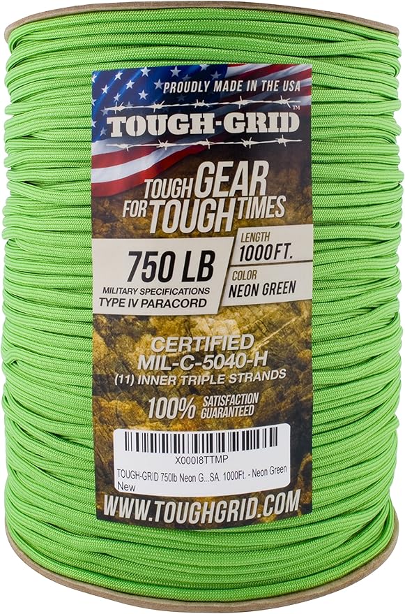 TOUGH-GRID 750 Paracord Rope Nylon Parachute Cord, Made in USA Survival Kit, Outdoor Adventures, Camping, Tactical Gear & Emergency Supplies, Military Type IV Mil-Spec