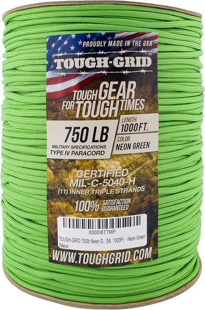 TOUGH-GRID 750 Paracord Rope Nylon Parachute Cord, Made in USA Survival Kit, Outdoor Adventures, Camping, Tactical Gear & Emergency Supplies, Military Type IV Mil-Spec