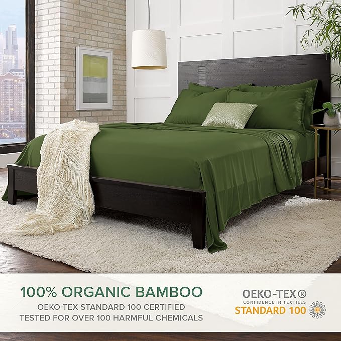 Pure Bamboo King Sheets, Genuine 100% Organic Viscose Derived from Bamboo Bed Sheet Set, Luxuriously Soft & Cooling, Double Stitching, 2 Year Quality Promise (King, Pesto)