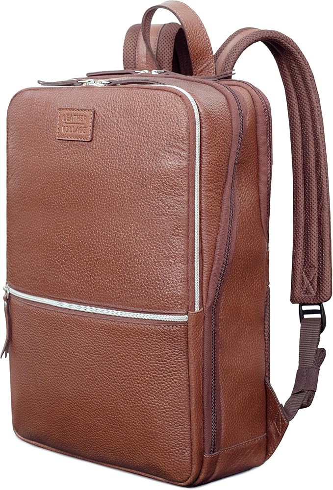 LEATHER VILLAGE Leather Laptop Backpack for Men |Brown | Slim Professional Business Bag Fits 15.6”-Laptop | Water-Repellent Work & Travel Daypack with Trolley Strap