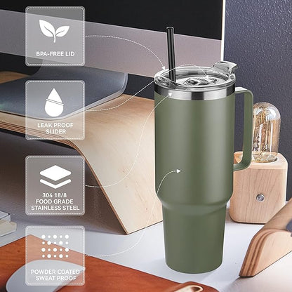HASLE OUTFITTERS 40 oz Stainless Steel Tumbler with Handle, Vacuum Insulated Tumblers Bulk, Reusable Double Wall Travel Coffee Mug, Durable Powder Coated Water Bottle(Army Green, 1)