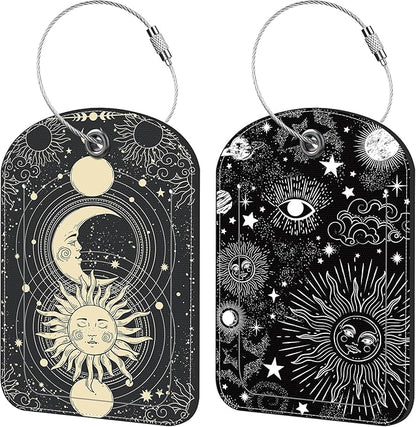 Sun Moon Luggage Tag for Suitcase Set of 2 PU Leather Cute Luggage Tags with Stainless Metal Loop ID Label Privacy Flap Suitcase Tags for Women and Men Travel