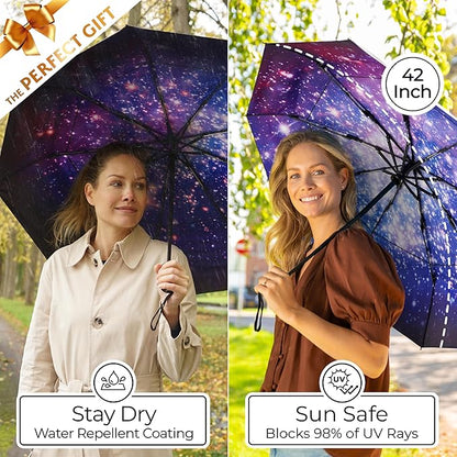 TUMELLA Strongest Windproof Travel Umbrella (Compact, Superior & Beautiful), Small Strong but Light Portable and Automatic Folding Rain Umbrella, Durable Premium Grip, Fits Car & Backpack